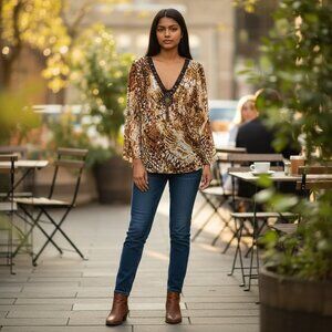 NY Collection Womens Top Medium Out of Africa Medallion Sheer V Neck  2 Pc